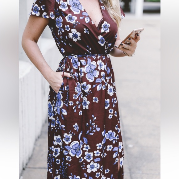 Banana Republic Burgandy Blue Floral Faux Wrap V-Neck Maxi Dress Size S - Picture 3 of 10